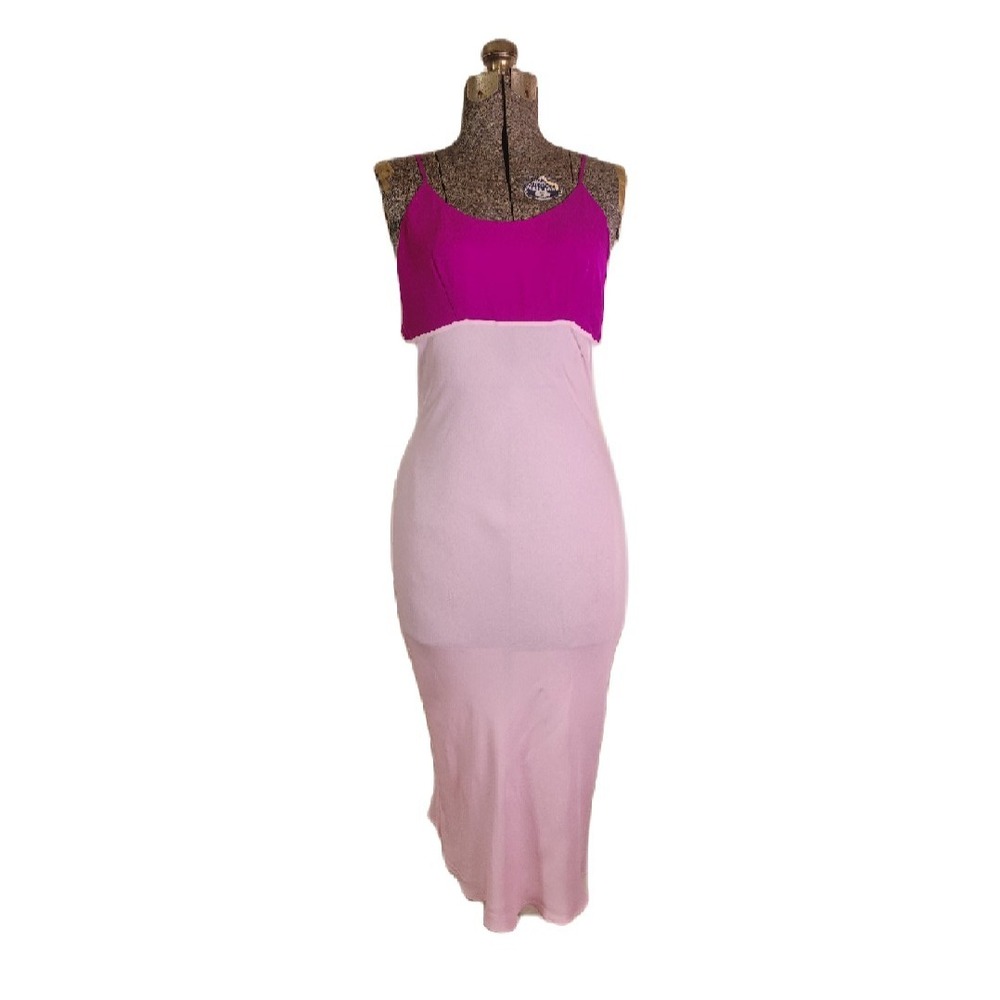 Vintage 90s Y2K Deadstock 2 Tone Pink Fuchsia Silk Nightgown Slip Dress Midi M‎
